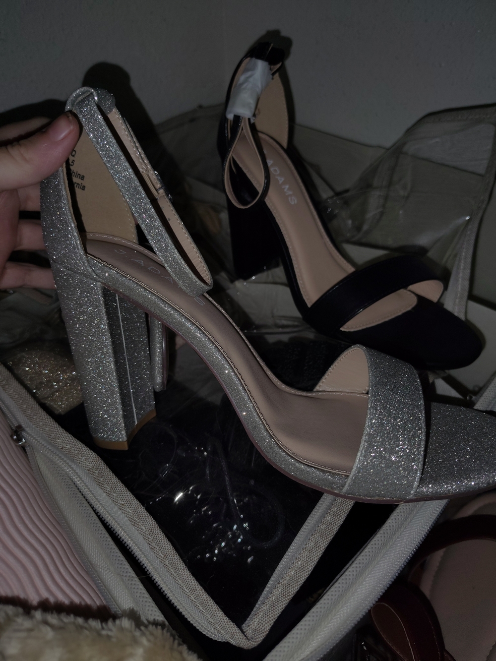 Silver Glitter Block Heel Ankle-Strap Sandals by
